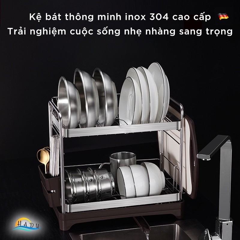 Kệ Úp Bát Đĩa 2 Tầng Inox 304 SSGP, Van Thoát Nước Xoay 360°, Kèm Giá Đựng Đũa, Thớt, Đạt Chất Lượng LFGB Đức