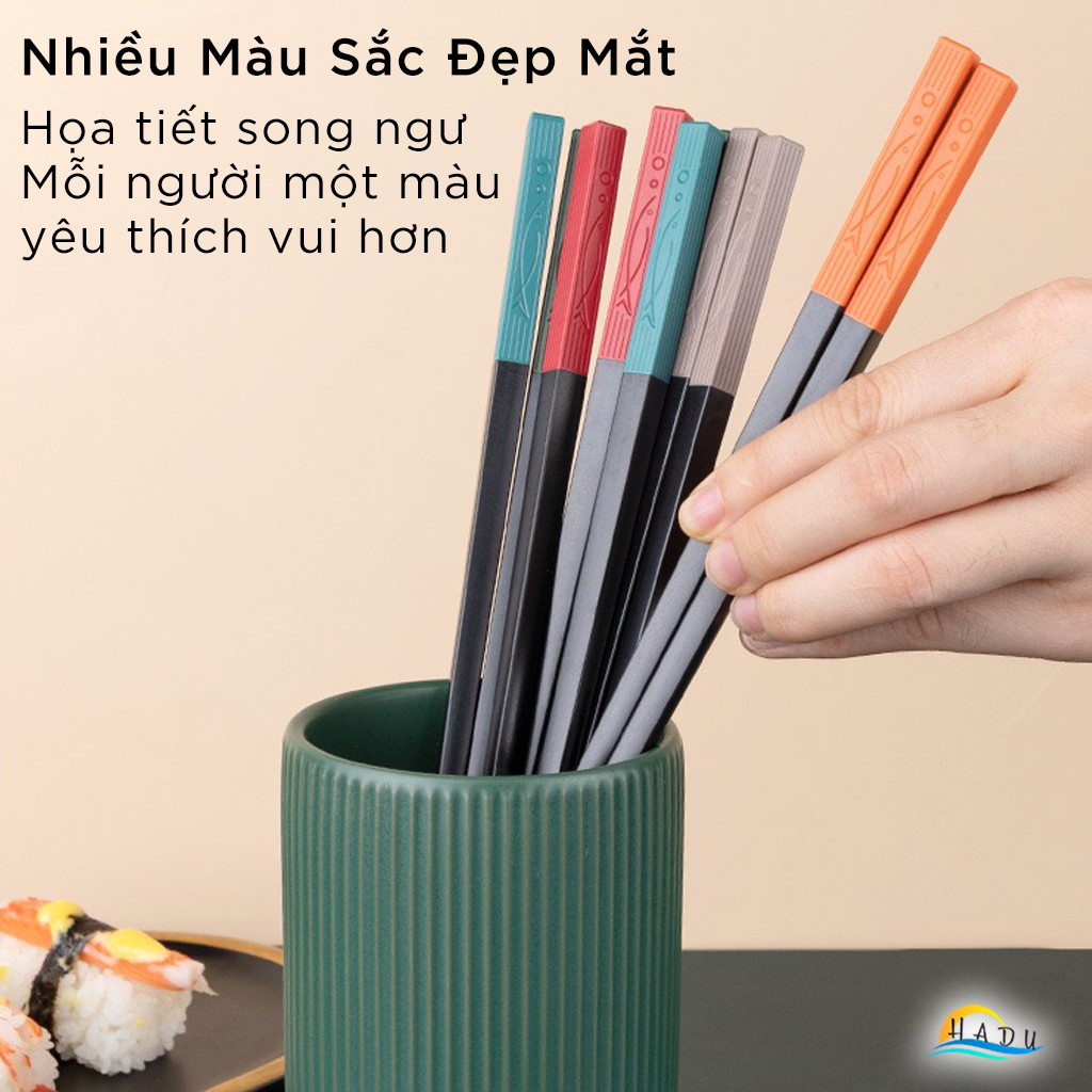 Bộ 5 Đôi Đũa Sợi Thủy Tinh HADU Họa Tiết Song Ngư, Chống Trơn, Chịu Nhiệt, 24.3cm, Đuôi 5 Màu