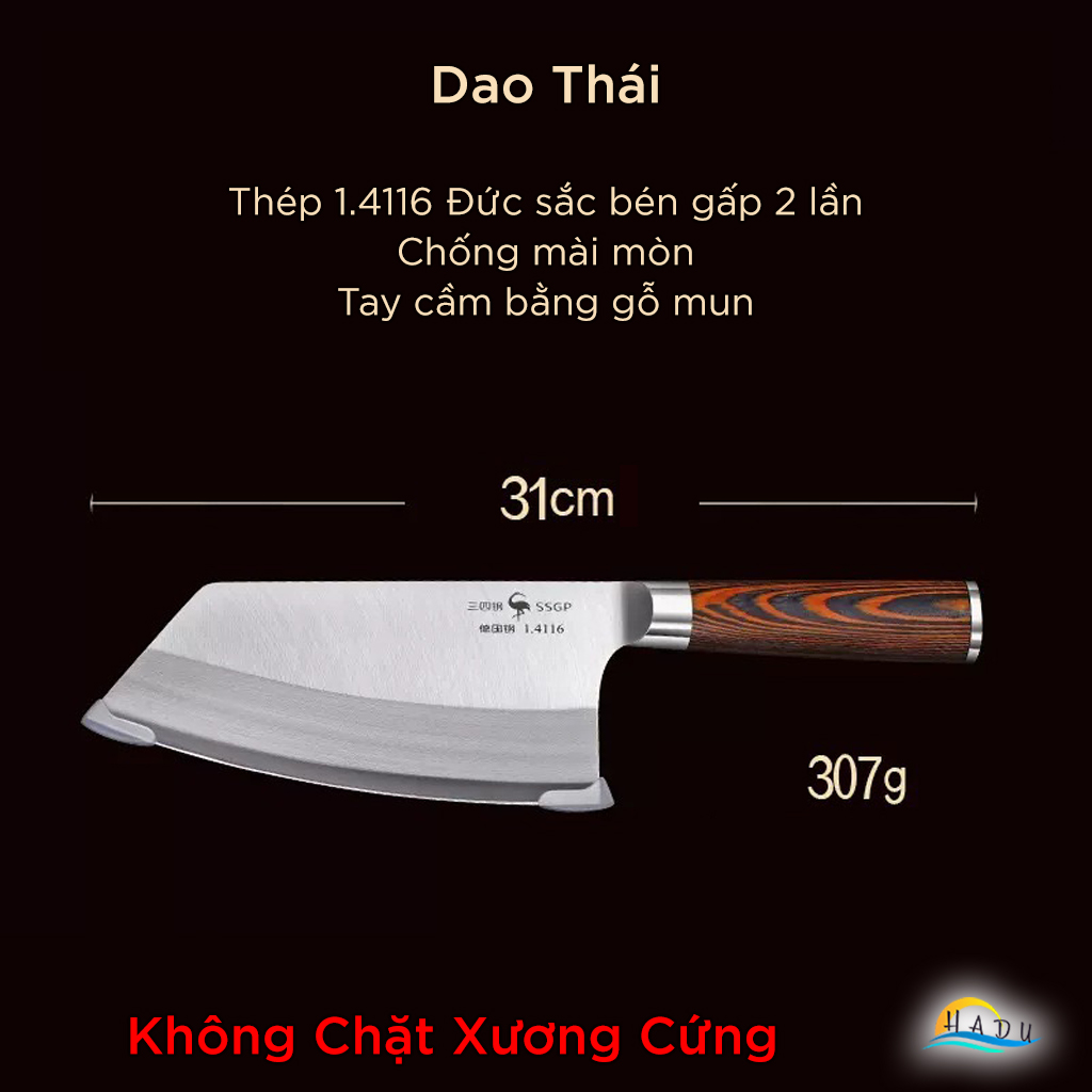 Dao Thái Thịt SSGP, Thép Đức 1.4116, Cán Gỗ Mun, Dài 31cm, Đạt Chất Lượng LFGB Đức