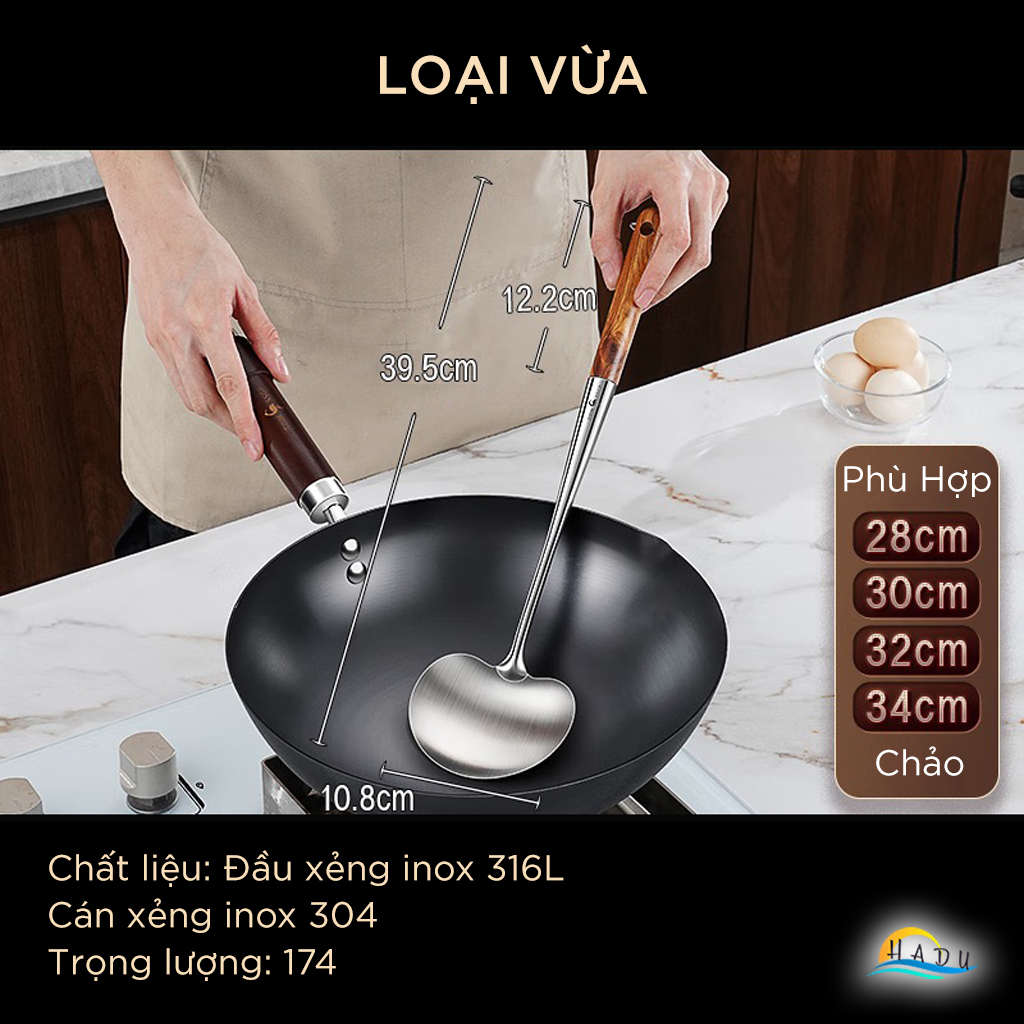 Xẻng Nấu Ăn Inox 316L SSGP Cán Gỗ Cách Nhiệt, Sạn Xào Mặt Cong Lòng Sâu Múc Canh Đa Năng 2in1