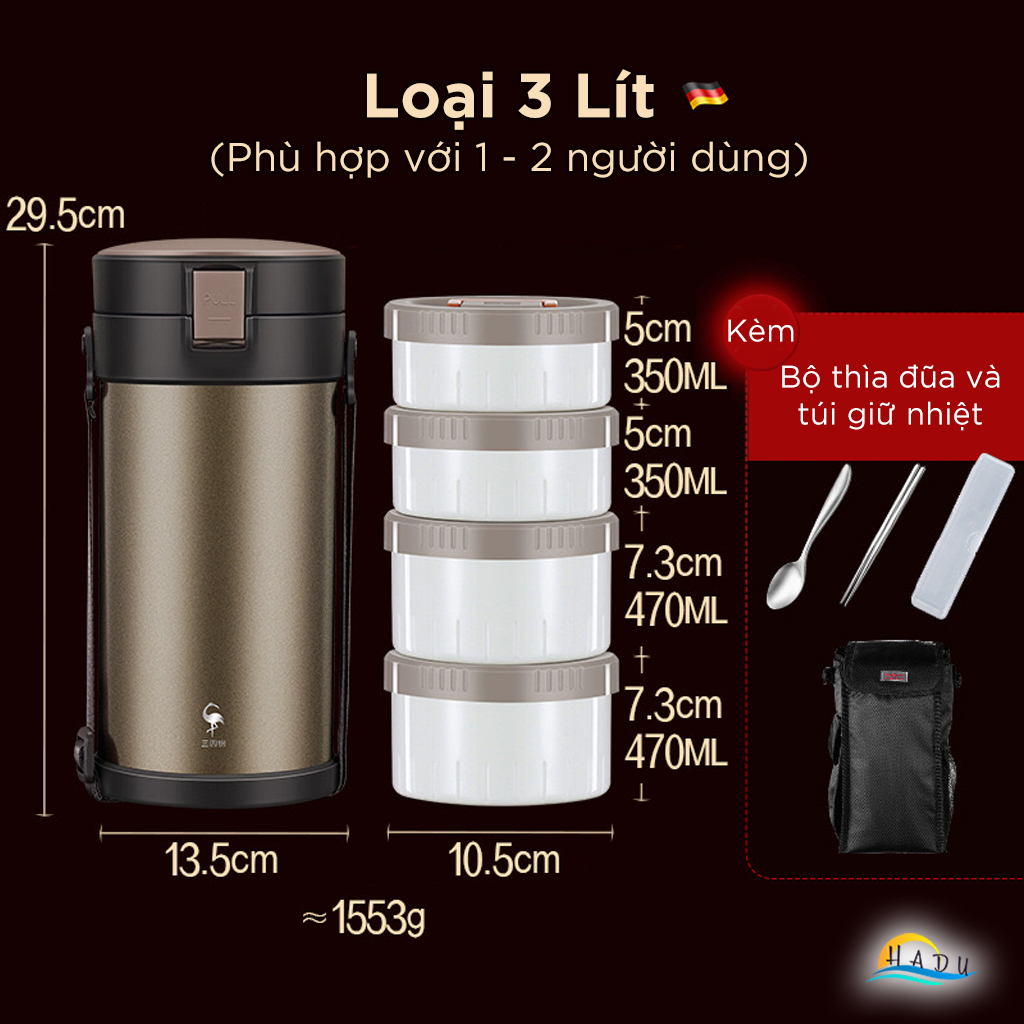 Hộp Cơm Giữ Nhiệt Inox 316L SSGP 2.3L, Giữ Nóng 12 Giờ, Nhiều Ngăn, Đạt Chất Lượng LFGB Đức