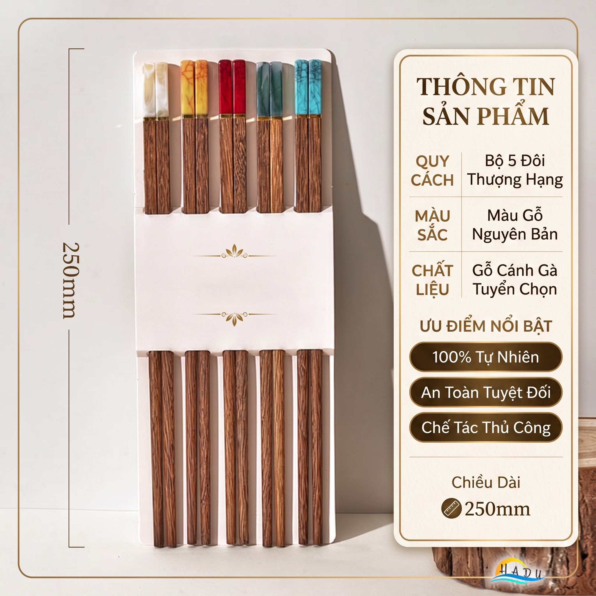 [5 Đôi] Đũa Ăn Cơm Gỗ Tự Nhiên Cánh Gà Cao Cấp Khảm Ngọc Thạch Sang Trọng Chống Ẩm Mốc HADU