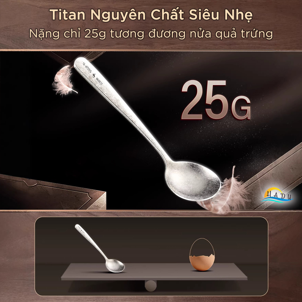 Thìa Ăn Cơm Titan Nguyên Chất 99.8% SSGP, Muỗng Siêu Nhẹ 25g Họa Tiết Hoa Băng Đạt Chất Lượng LFGB Đức Cao Cấp