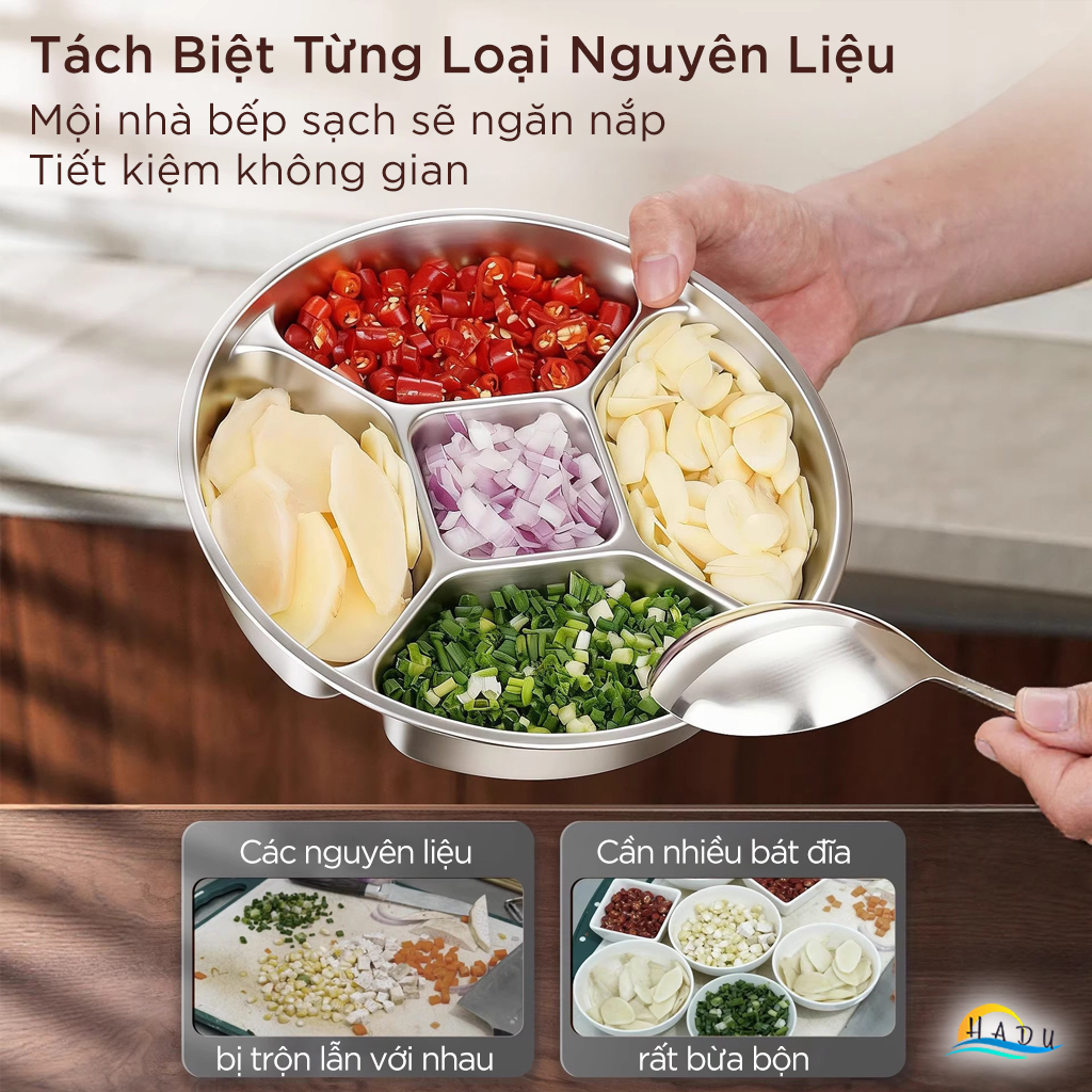 Khay Inox 304 Chia 5 Ngăn Cao Cấp SSGP, Đĩa Đựng Gia Vị Chuẩn Bị Nguyên Liệu Nấu Ăn Đạt Chất Lượng LFGB Đức