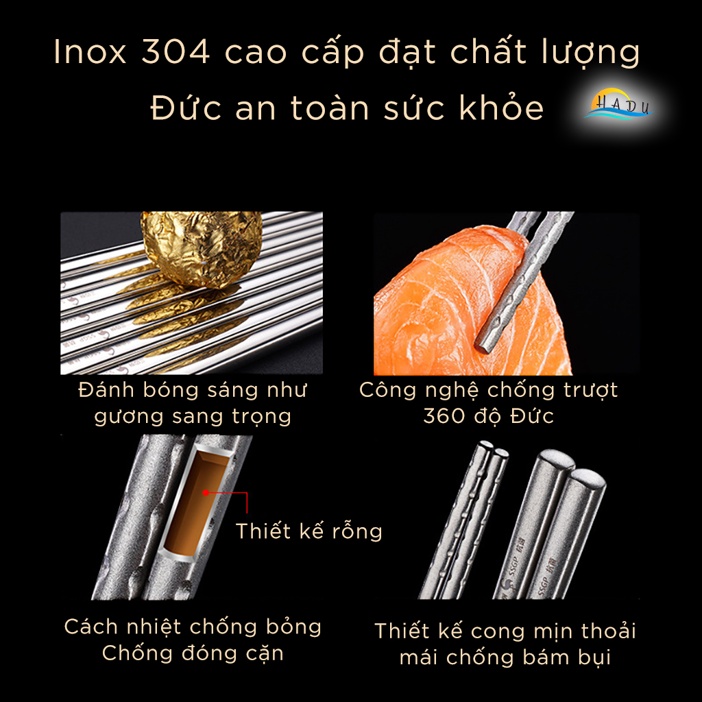 [Hộp 5 Đôi] Đũa Inox 304 Chống Trượt Cao Cấp Kiểu Hàn Quốc Đạt Chất Lượng Đức SSGP