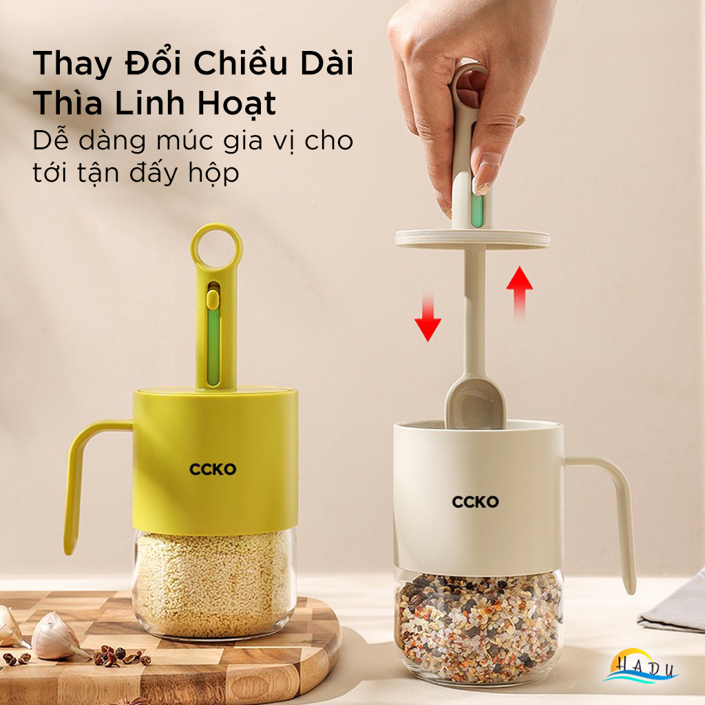 Lọ Đựng Gia Vị Thủy Tinh CCKO Cao Cấp, Thìa Thông Minh Tự Động Co Duỗi, Có Gạt Định Lượng, Chống Ẩm