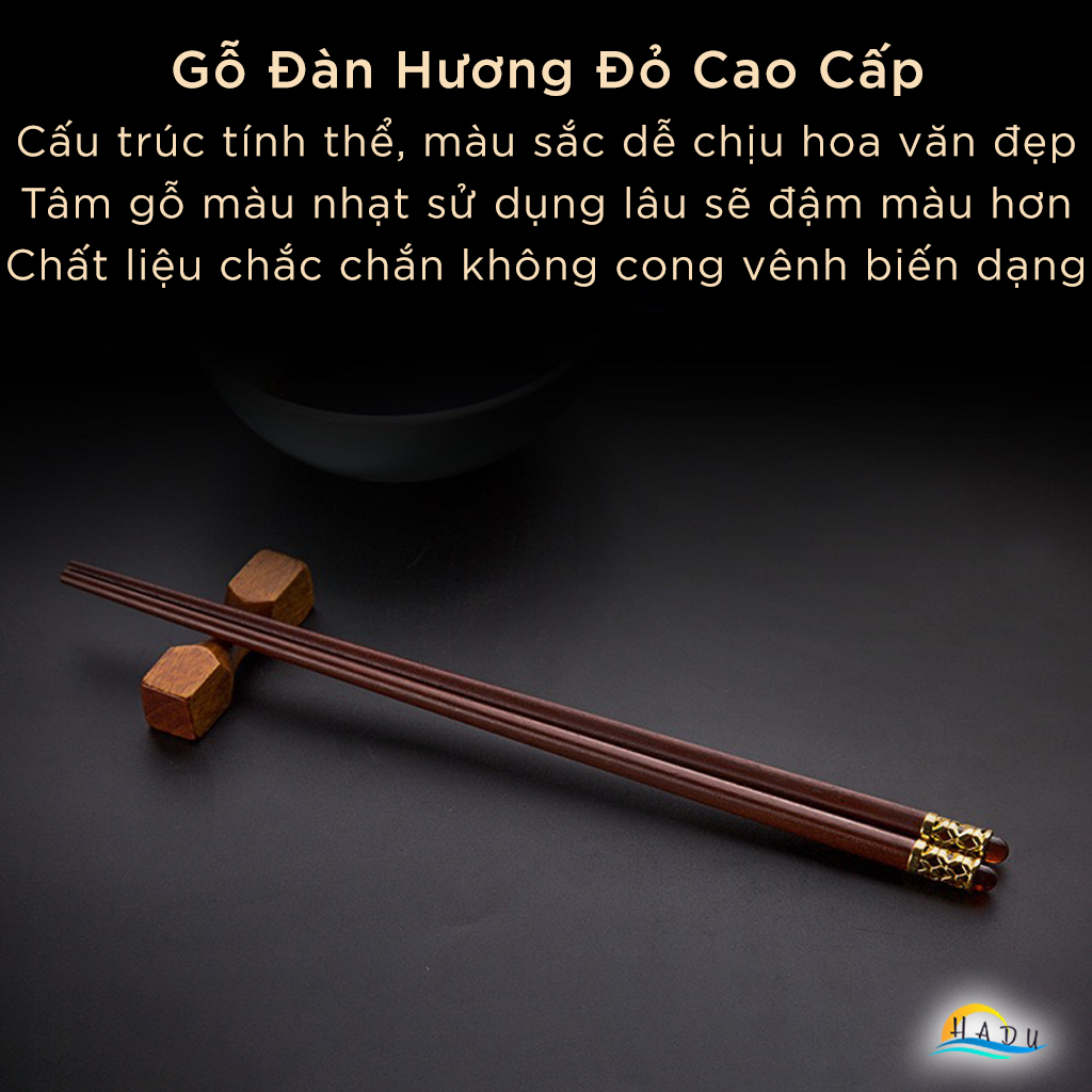 Bộ 10 Đôi Đũa Gỗ Đàn Hương Đỏ HADU, Chống Mốc, Chống Trơn, Dài 25cm