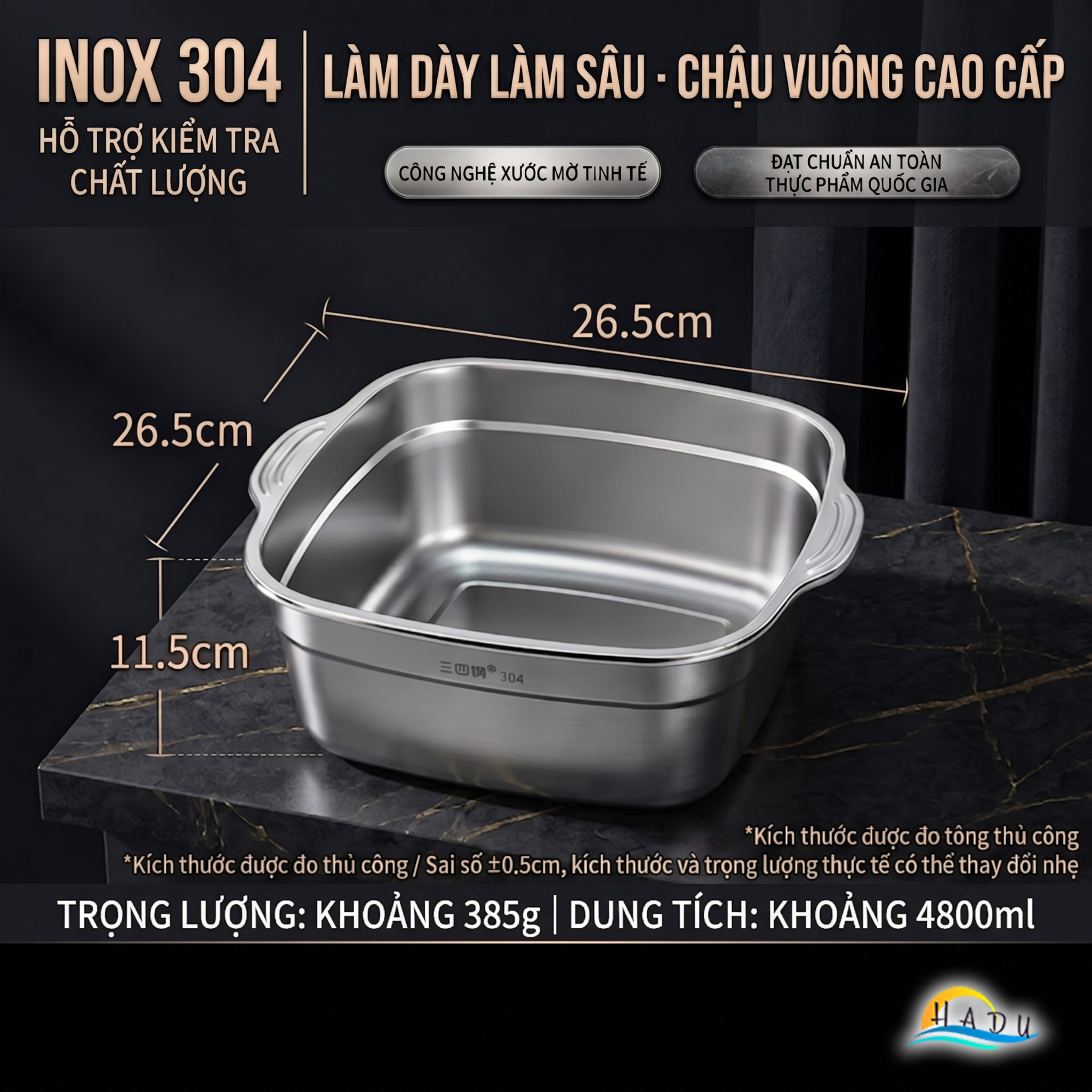 Bộ Thau Rổ Inox 304 Cao Cấp Hình Vuông Thiết Kế 2 Lớp Đa Năng Rửa Rau Củ Quả SSGP