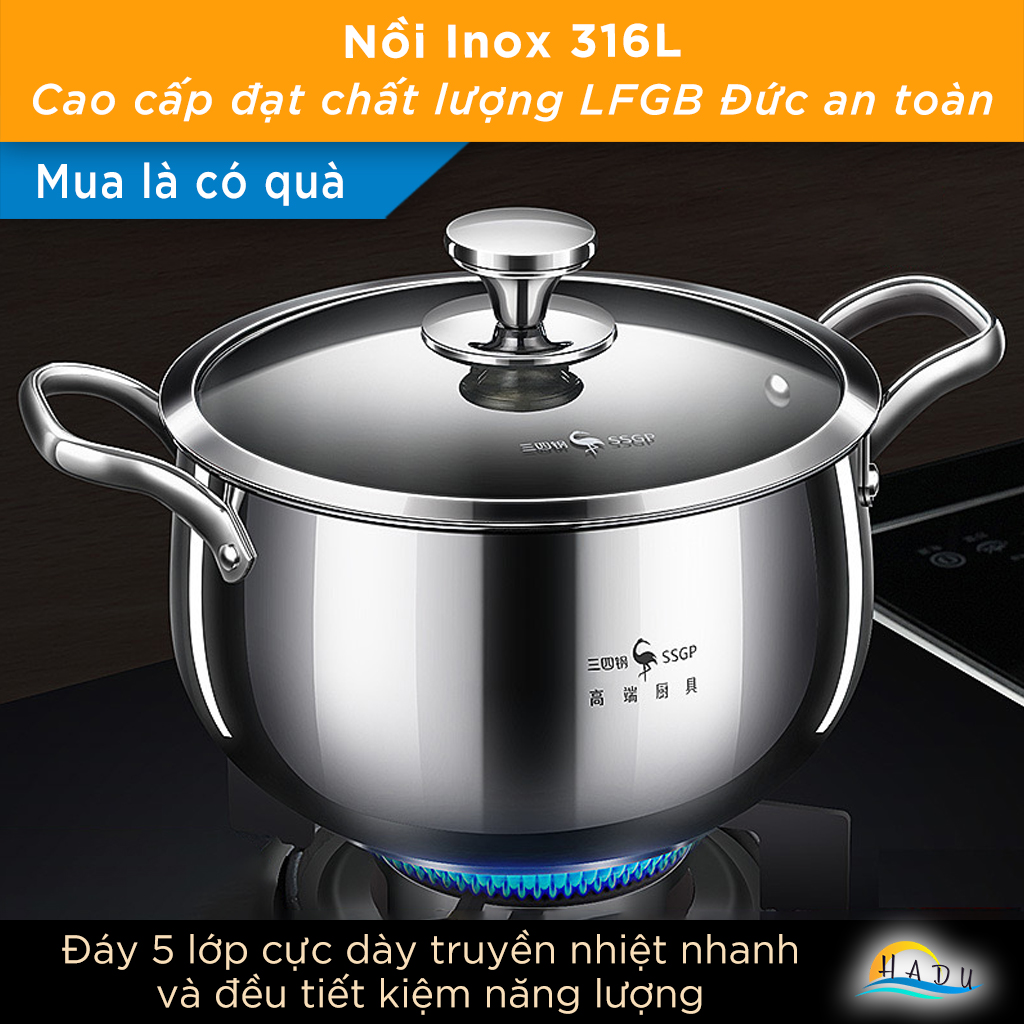 Nồi Hầm Inox 316L SSGP Đáy 5 Lớp, 22cm, 24cm, Kháng Khuẩn, Đạt Chất Lượng LFGB Đức