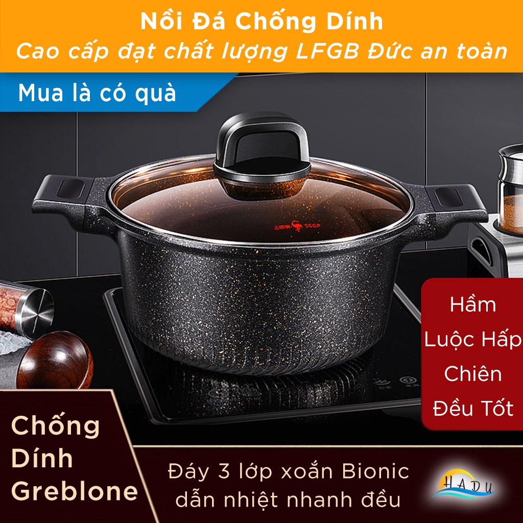 Nồi Chống Dính Bếp Từ Vân Đá Có Nắp 20cm 24cm Cao Cấp Đạt Chất Lượng LFGB Đức SSGP
