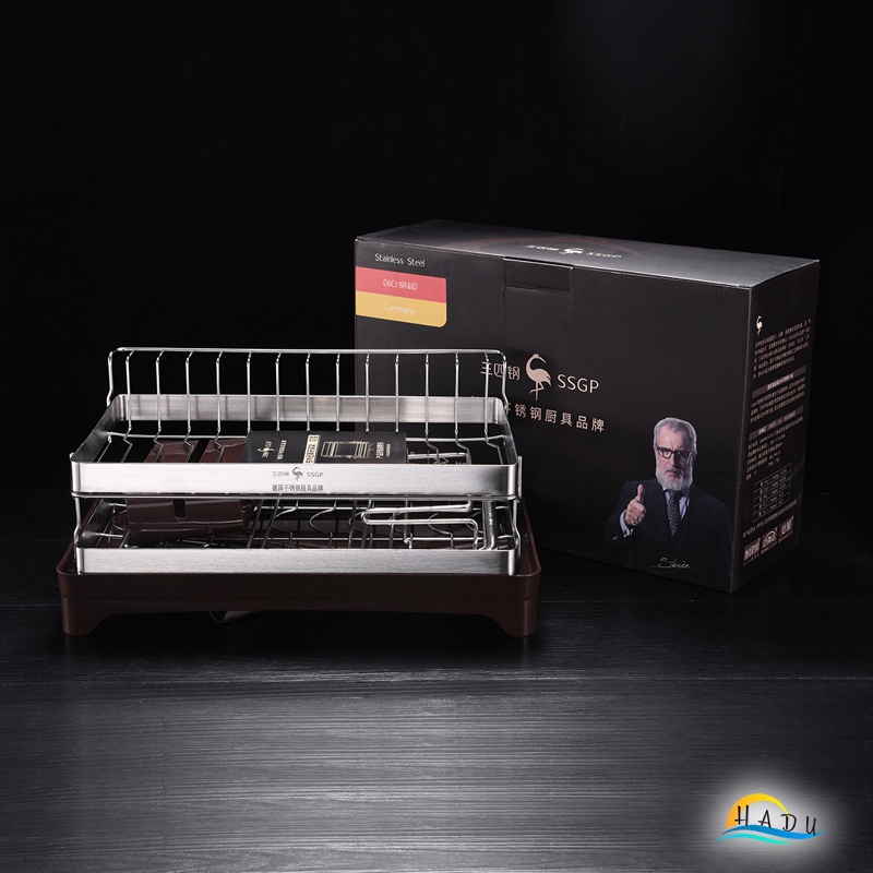 Kệ Úp Bát Đĩa 2 Tầng Inox 304 SSGP, Van Thoát Nước Xoay 360°, Kèm Giá Đựng Đũa, Thớt, Đạt Chất Lượng LFGB Đức