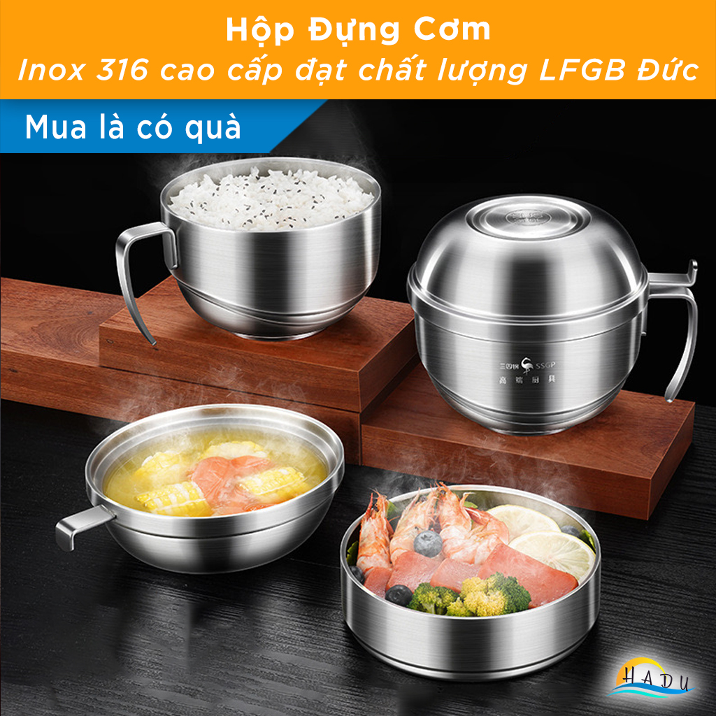 Hộp Cơm Giữ Nhiệt 2 Ngăn SSGP Inox, Nắp Dùng Làm Bát, Đạt Chất Lượng LFGB Đức