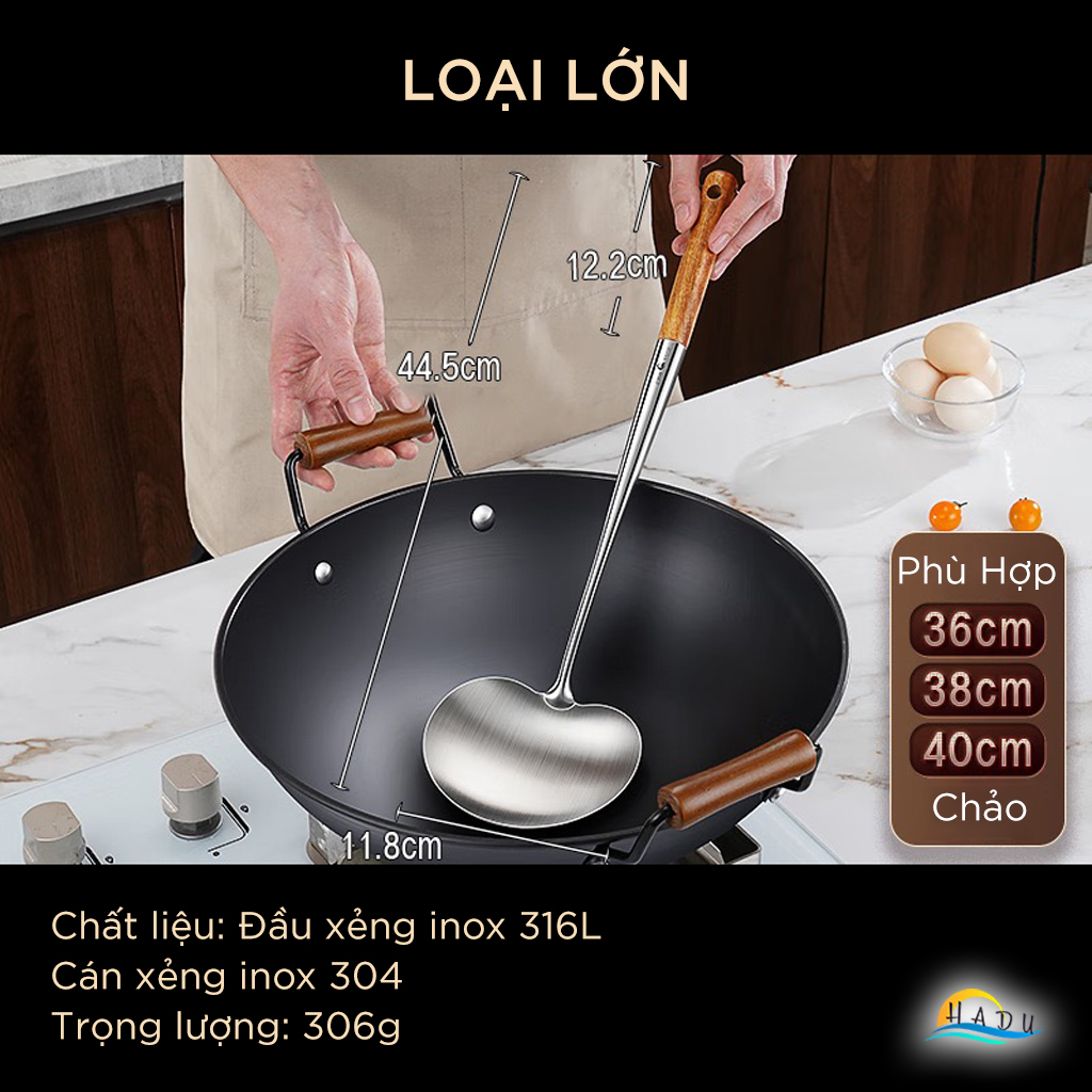 Xẻng Nấu Ăn Inox 316L SSGP Cán Gỗ Cách Nhiệt, Sạn Xào Mặt Cong Lòng Sâu Múc Canh Đa Năng 2in1