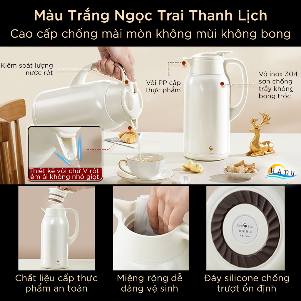 Bình Giữ Nhiệt Inox 316 Cao Cấp – 2,5 Lít, Khóa Nhiệt 3 Tầng, Vòi Rót Chữ V, Chống Trượt, An Toàn Cho Sức Khỏe SSGP