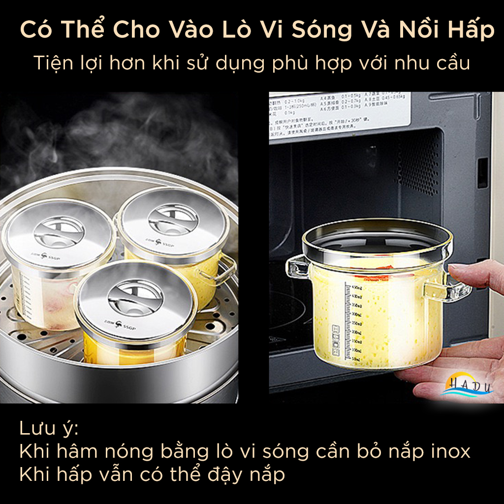 Thố Chưng Yến Hấp Chứng 450ml Thủy Tinh Nắp Inox 304 Cao Cấp Đạt Chất Lượng LFGB Đức SSGP