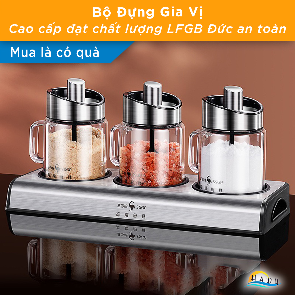 Bộ 3 Hũ Đựng Gia Vị Thủy Tinh SSGP, Nắp Kèm Thìa Inox 304, Chống Ẩm, Có Khay, Đạt Chất Lượng LFGB Đức