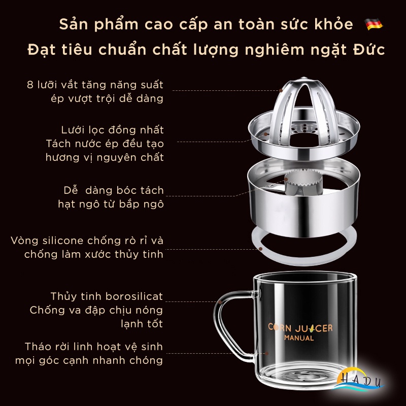 Dụng Cụ Vắt Cam và Tách Hạt Ngô 2 trong 1 CCKO, Lõi Inox 304, Cốc Thủy Tinh 600ml