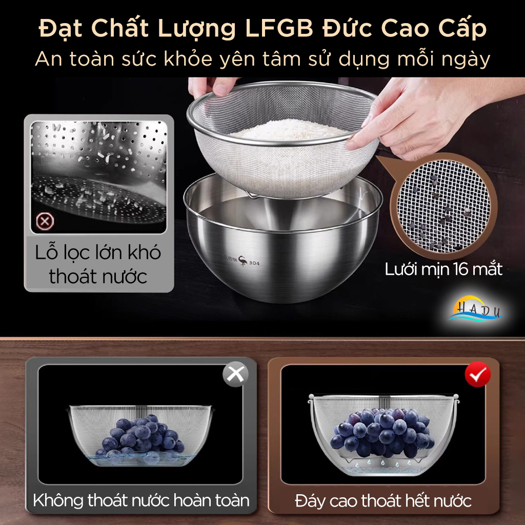 Rổ Inox Lưới Vo Gạo Inox 304 Cao Cấp SSGP, Chậu Inox Rửa Rau Kháng Khuẩn Đạt Chất Lượng LFGB Đức