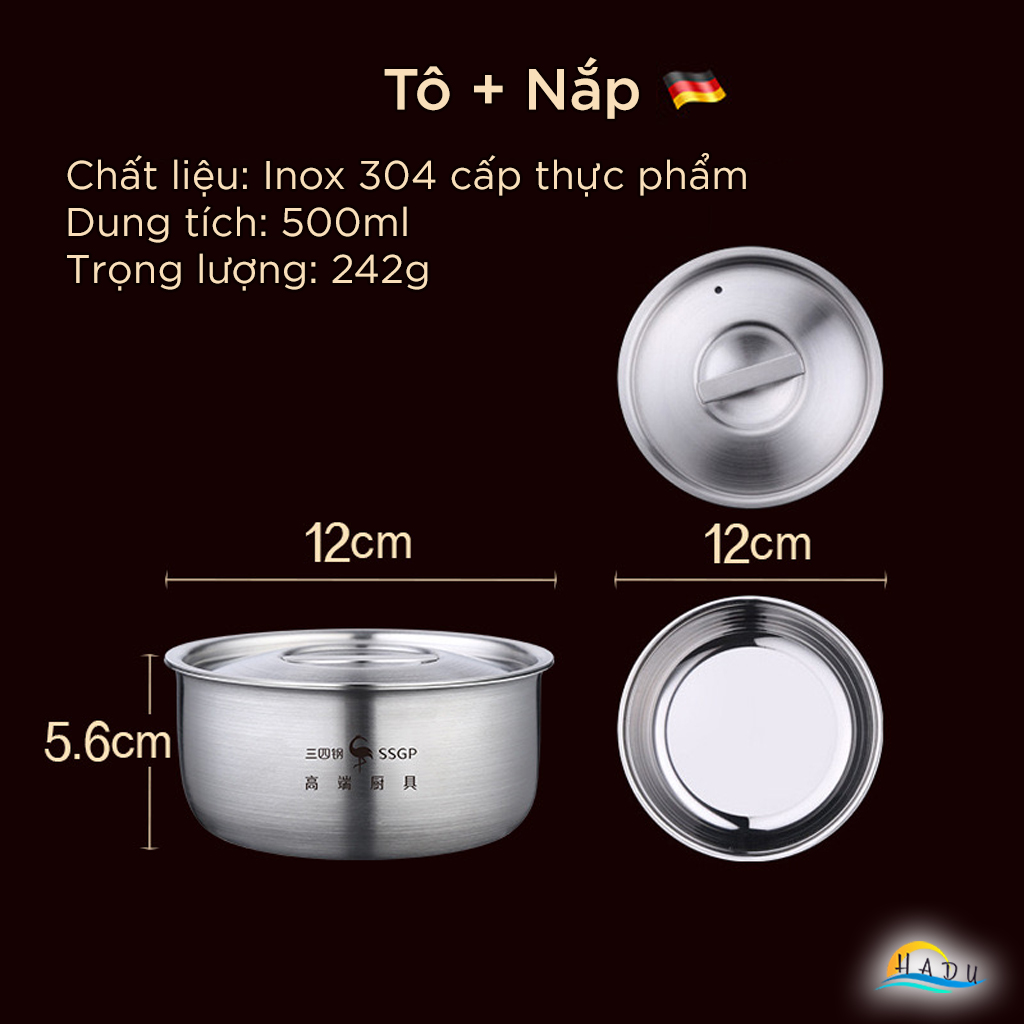Bát Inox 304 Kiểu Hàn Quốc Có Nắp, 12cm (500ml), Dùng Hấp Trứng, Đạt Chất Lượng LFGB Đức SSGP