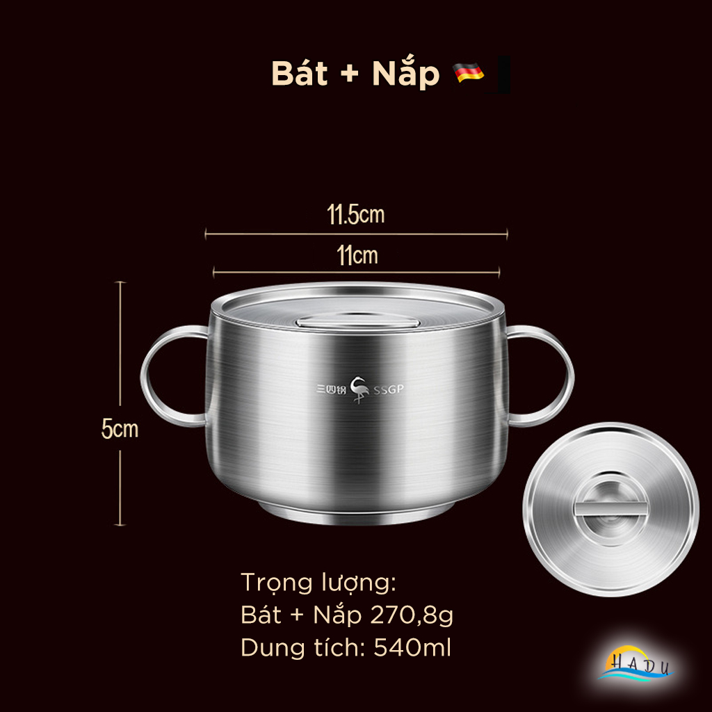 Bát Ăn Dặm Cho Bé SSGP Inox 316L, 2 Lớp Chống Nóng, Có Tay Cầm và Nắp, 11cm, Đạt Chất Lượng LFGB Đức