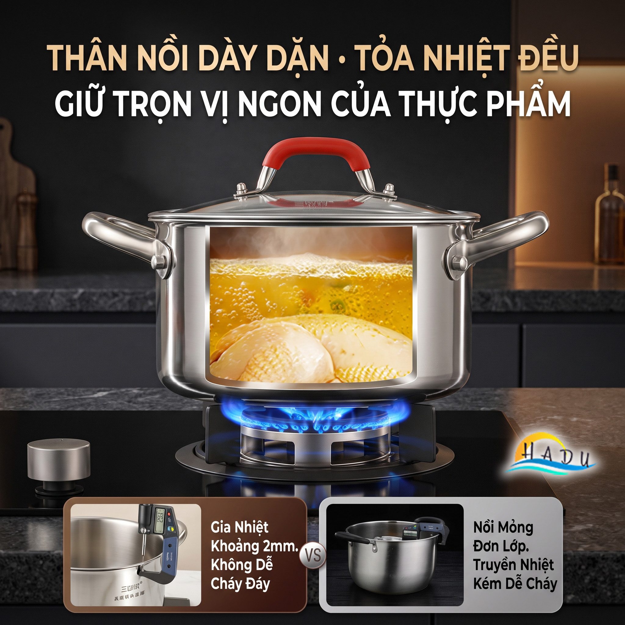 Nồi Inox 316L Cao Cấp Đúc 3 Lớp Chống Tràn Dùng Bếp Từ Bếp Gas 22cm 24cm SSGP