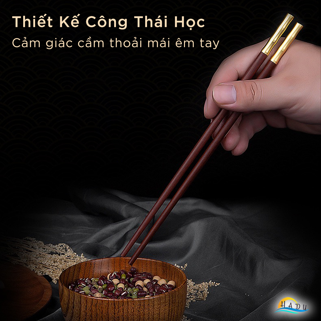 Bộ 10 Đôi Đũa Gỗ Đàn Hương Đỏ HADU, Đầu Hợp Kim Kẽm, Chống Mốc, Dài 24cm