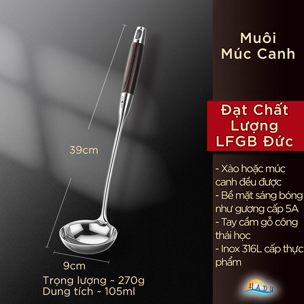 Muôi Múc Canh SSGP Inox 316L, Cán Gỗ Nguyên Khối Chống Nóng, Dài 39cm, Đạt Chất Lượng LFGB Đức