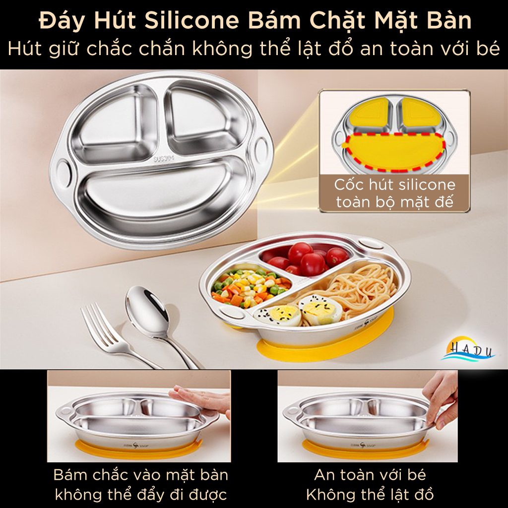 Khay Ăn Dặm Inox 304 Cho Bé – Silicone Chống Đổ, An Toàn, Dễ Dàng Vệ Sinh SSGP