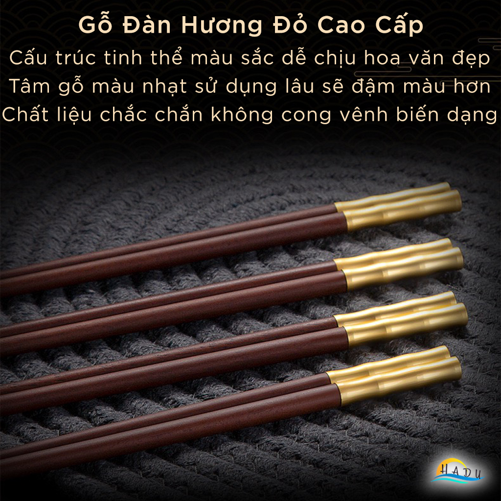 Bộ 10 Đôi Đũa Gỗ Đàn Hương Đỏ HADU, Đầu Hợp Kim Kẽm, Chống Mốc, Dài 24cm
