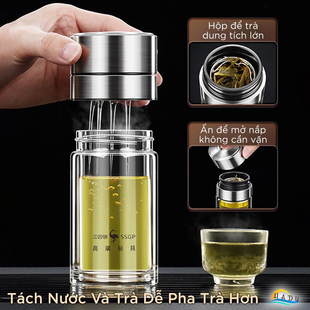 Bình Pha Trà Thủy Tinh 2 Lớp SSGP 330ml, Có Lõi Lọc Inox, Giữ Nhiệt Chống Bỏng, Đạt Chất Lượng LFGB Đức