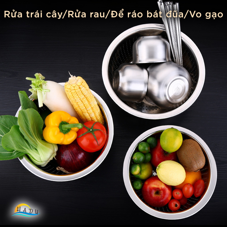 Bộ Rổ và Chậu Inox 304 SSGP, Đa Năng Rửa Rau Củ, Xếp Chồng Gọn, Nhiều Size, Đạt Chất Lượng LFGB Đức