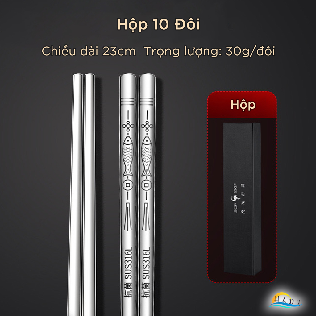 Bộ 10 Đôi Đũa Inox 316L SSGP, Kháng Khuẩn, Cách Nhiệt, Chống Trượt, Dài 23cm, Đạt Chất Lượng LFGB Đức
