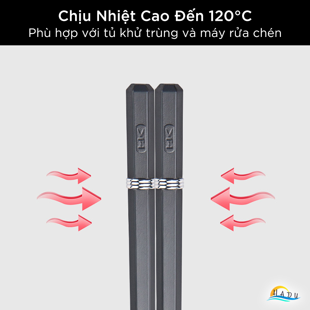 Đũa Ăn Cơm Kiểu Nhật Bản Cao Cấp HADU - Màu Đen Sang Trọng, Viền Kim Loại "King Of Ring", Chống Mốc, Chịu Nhiệt 120°C