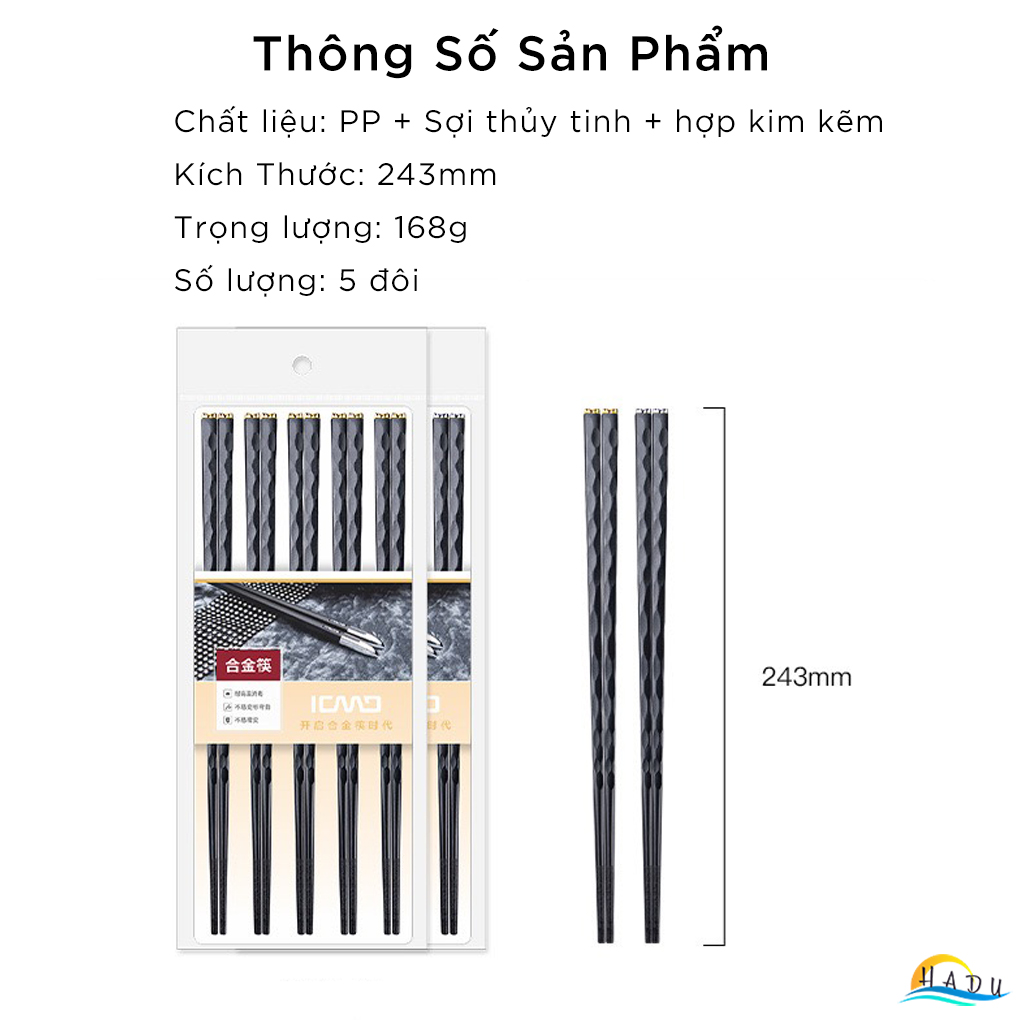 Bộ 5 Đôi Đũa Sợi Thủy Tinh HADU Họa Tiết Hoa Lấp Lánh, Chống Trơn, Chịu Nhiệt, 24.3cm
