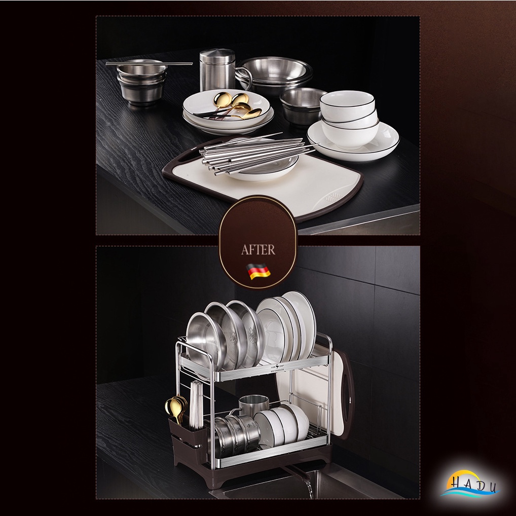 Kệ Úp Bát Đĩa 2 Tầng Inox 304 SSGP, Van Thoát Nước Xoay 360°, Kèm Giá Đựng Đũa, Thớt, Đạt Chất Lượng LFGB Đức