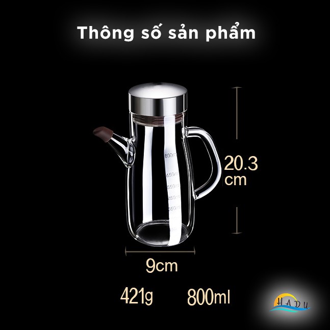 Bình Rót Dầu Ăn Thủy Tinh Borosilicate SSGP 800ml, Vòi Chống Rò Rỉ, Nắp Inox 304, Đạt Chất Lượng LFGB Đức