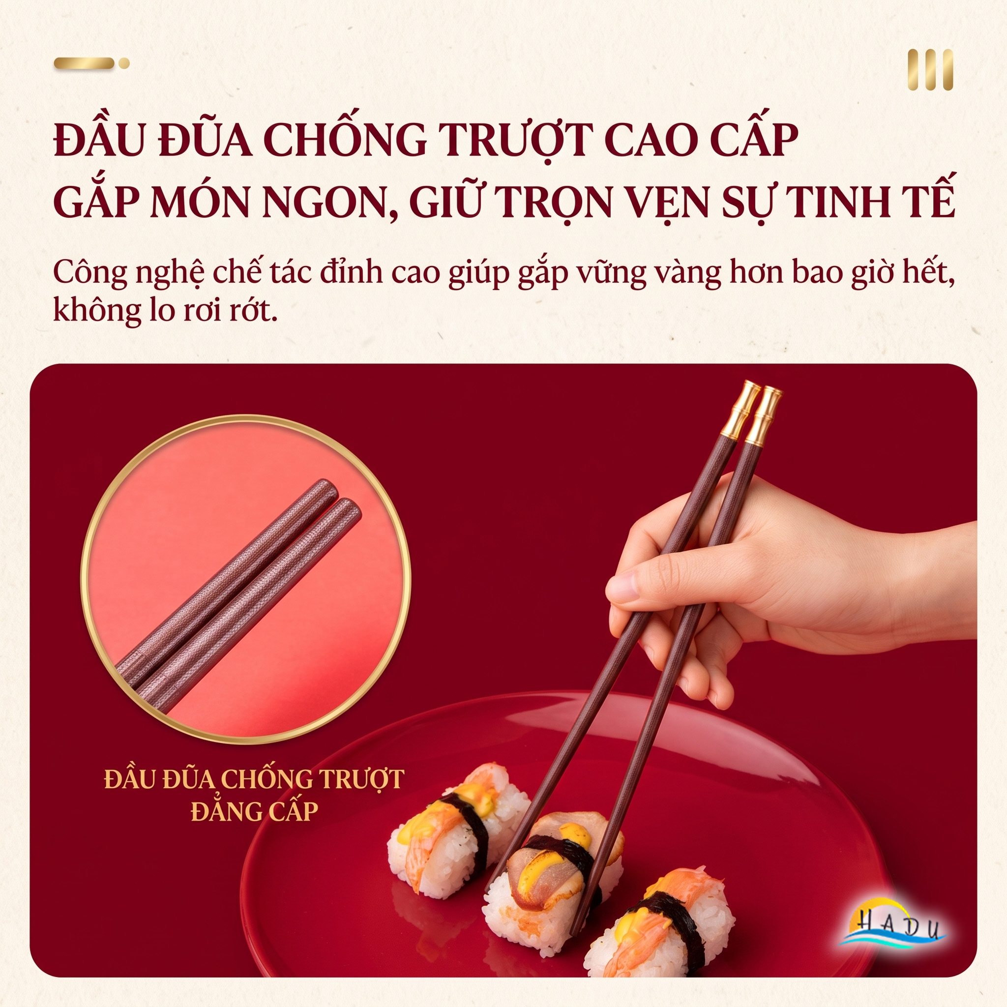 Đũa Gỗ Ăn Cơm Cao Cấp Khảm Tre Vàng Sang Trọng Chống Trượt Chịu Nhiệt Không Ẩm Mốc An Toàn HADU