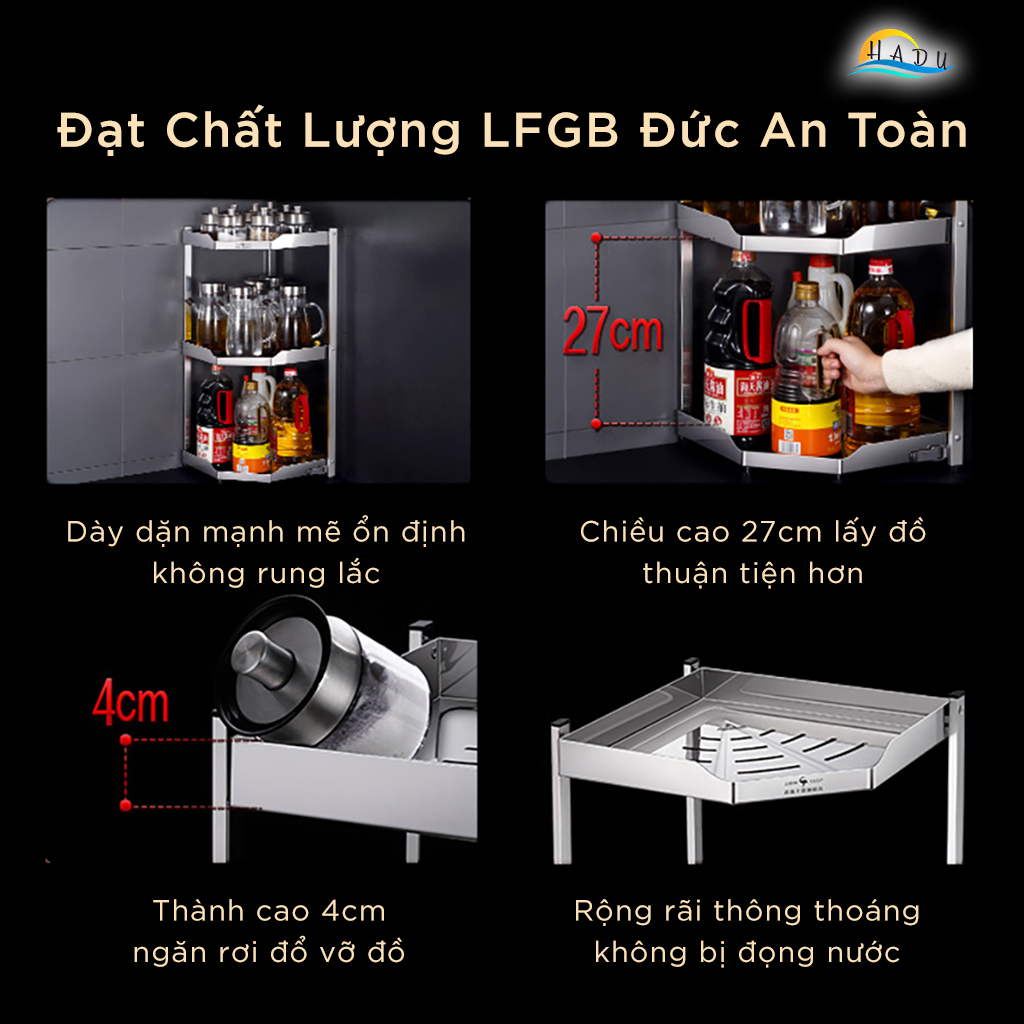 Kệ Góc Bếp Inox 304 SSGP, 2 Tầng, Gấp Gọn, Đạt Chất Lượng LFGB Đức