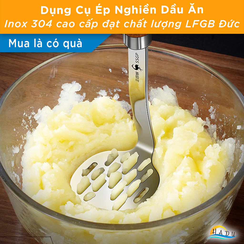 Dụng Cụ Nghiền Khoai Tây SSGP, Inox 304, Cán Gỗ Chống Trơn, 23.4cm, Đạt Chất Lượng LFGB Đức