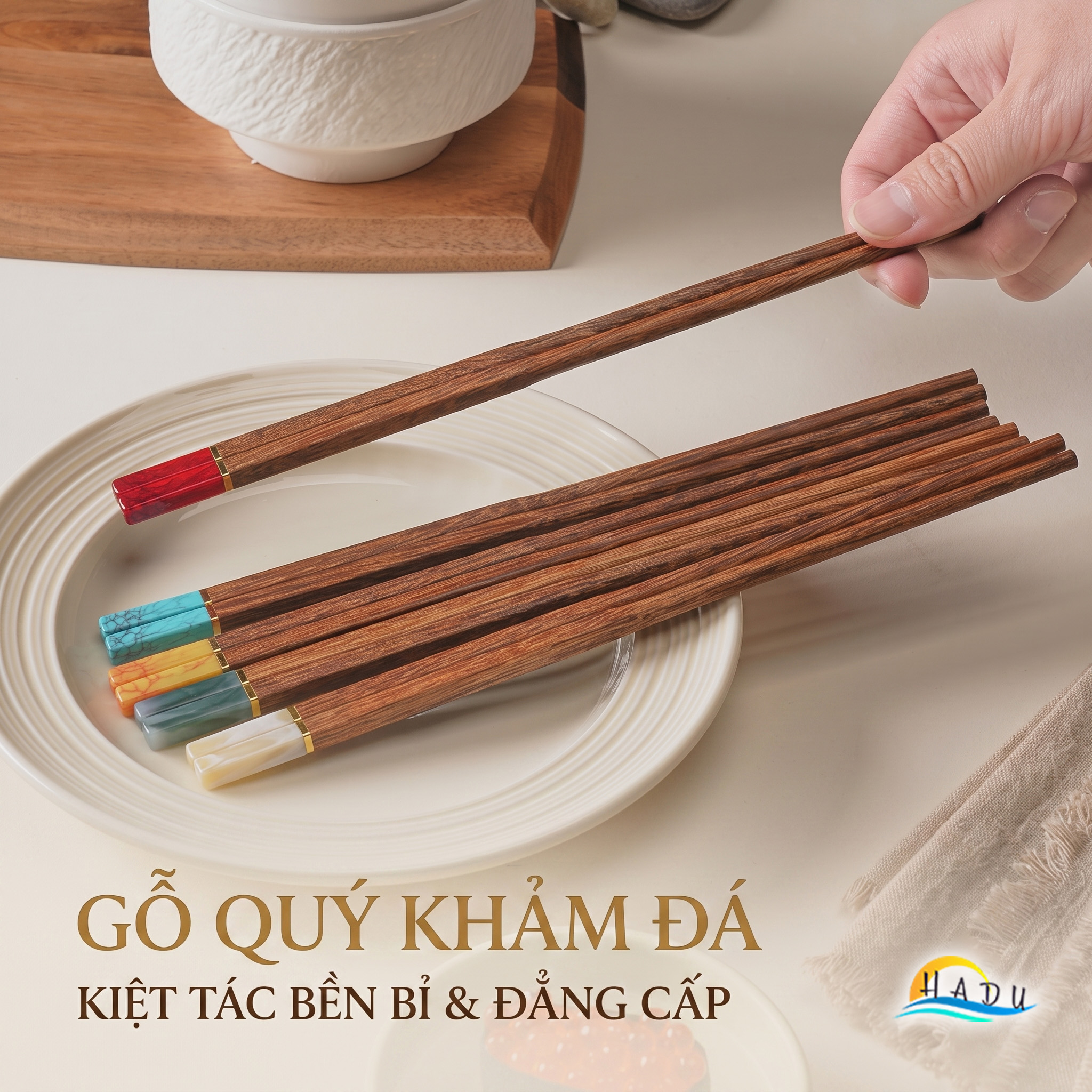 [5 Đôi] Đũa Ăn Cơm Gỗ Tự Nhiên Cánh Gà Cao Cấp Khảm Ngọc Thạch Sang Trọng Chống Ẩm Mốc HADU