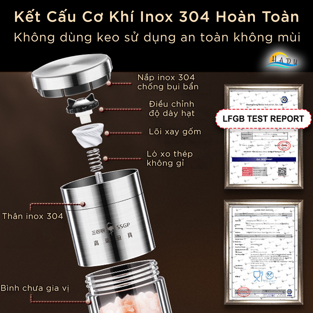 Dụng Cụ Xay Tiêu Từ Tính SSGP, Lõi Gốm, Thân Inox 304, Dính Tủ Lạnh, Cao 11.5cm, Đạt Chất Lượng LFGB Đức
