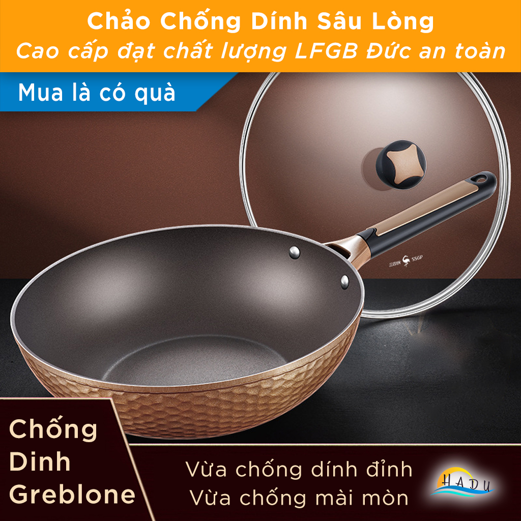 Chảo Chống Dính Lòng Sâu Bếp Từ SSGP 32cm, Phủ Greblon, Kèm Nắp Kính, Đạt Chất Lượng LFGB Đức