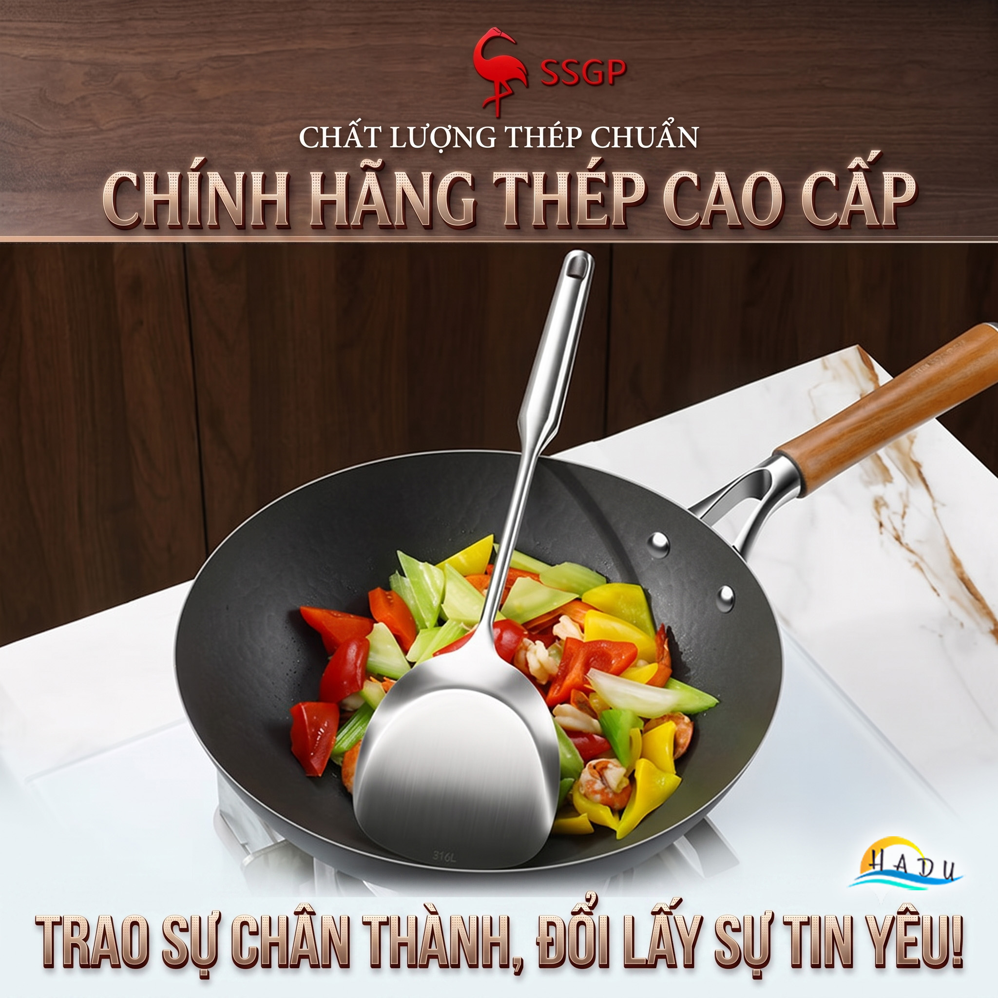 Xẻng Sạn Xào Chiên Lật Inox 316L Cao Cấp Cán Dài 43cm Bo Tròn An Toàn Đạt Chất Lượng LFGB Đức SSGP