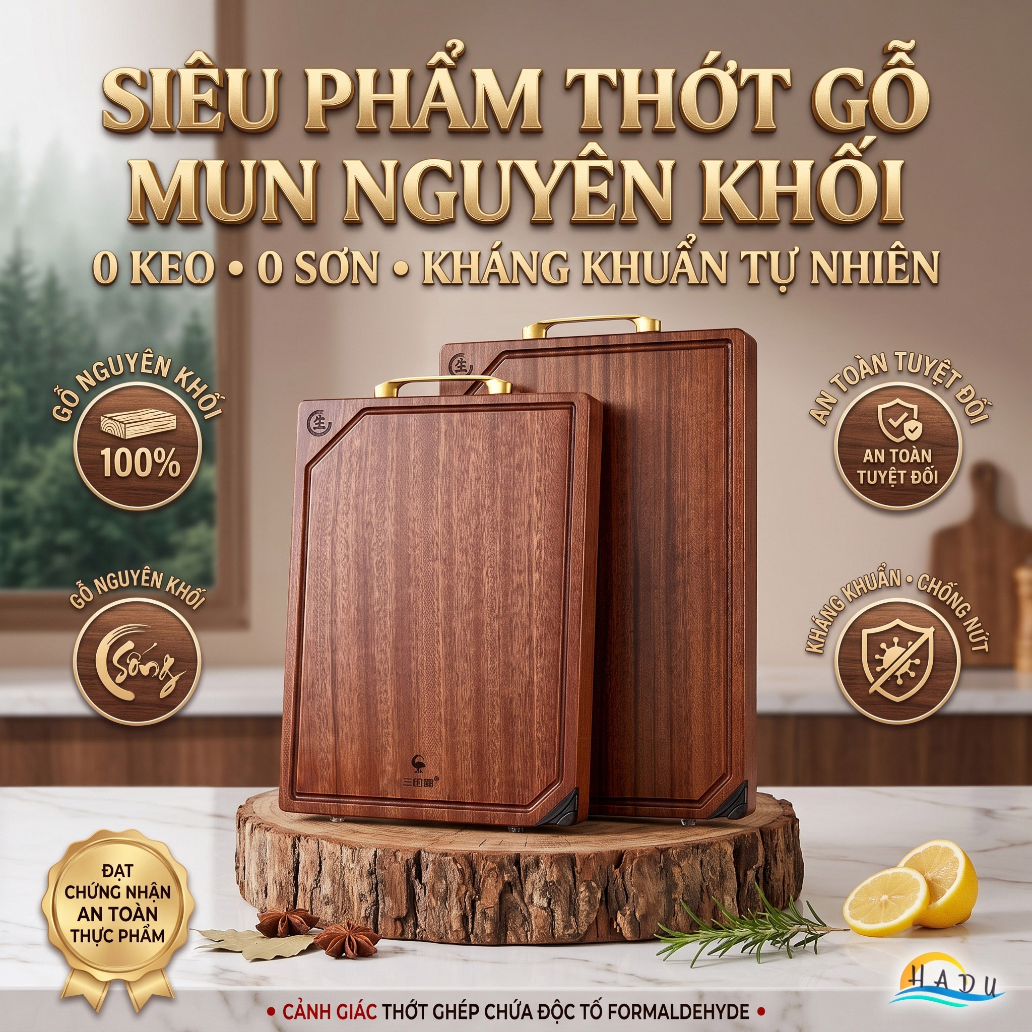 Thớt Gỗ Mun Cao Cấp Nguyên Khối Không Sơn Ghép Phân Biệt Sống Chín Đạt Chất Lượng LFGB Đức SSGP
