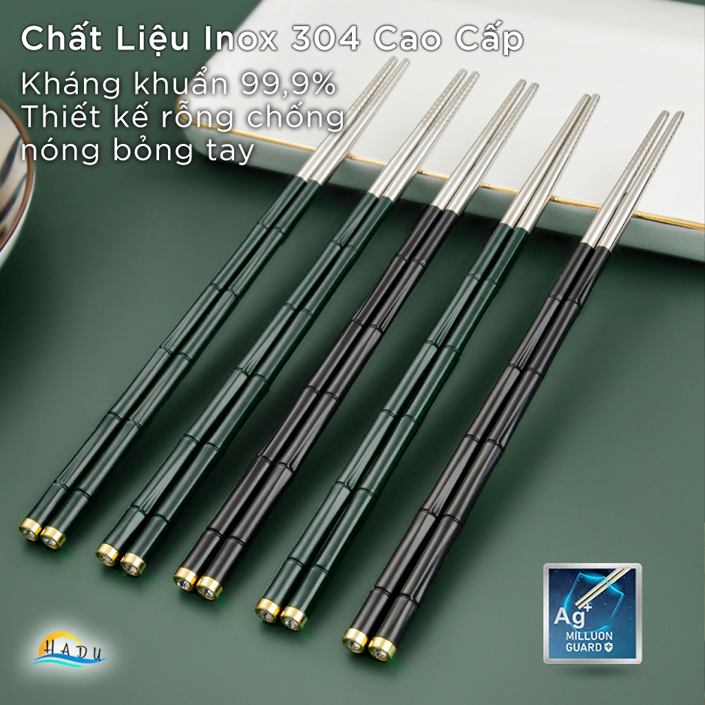 Bộ 10 Đôi Đũa Inox 304 HADU, Tay Cầm Chống Trượt, Kháng Khuẩn Ag+, Cách Nhiệt, 24.3cm