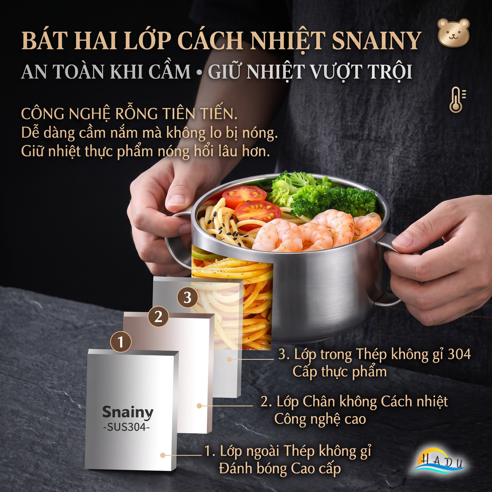 Bát Tô Chén Ăn Dặm Inox 304 Hai Quai Cách Nhiệt Chân Không Chống Nóng Cho Bé Snainy