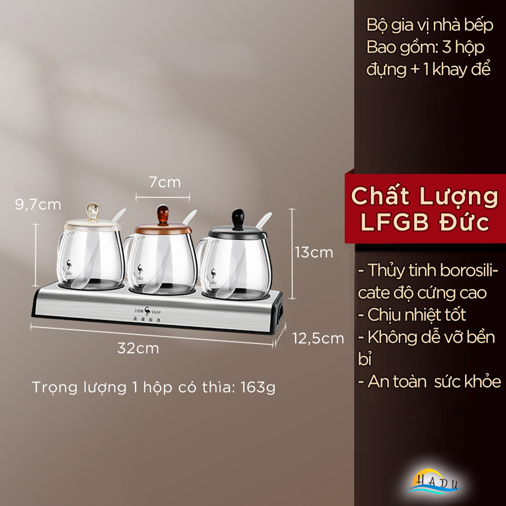Bộ 3 Hũ Gia Vị Thủy Tinh Borosilicate SSGP, Nắp Nhiều Màu, Xếp Chồng, Kèm Khay, Đạt Chất Lượng LFGB Đức