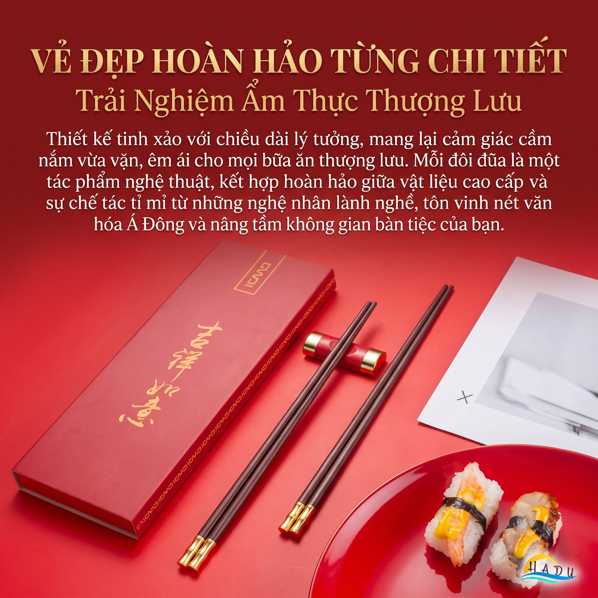 Đũa Gỗ Ăn Cơm Cao Cấp Khảm Tre Vàng Sang Trọng Chống Trượt Chịu Nhiệt Không Ẩm Mốc An Toàn HADU