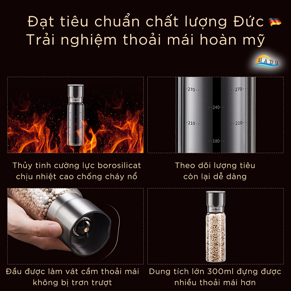 Cối Lọ Xay Tiêu Cầm Tay Thủy Tinh Inox Cao Cấp Đạt Chất Lượng Đức SSGP