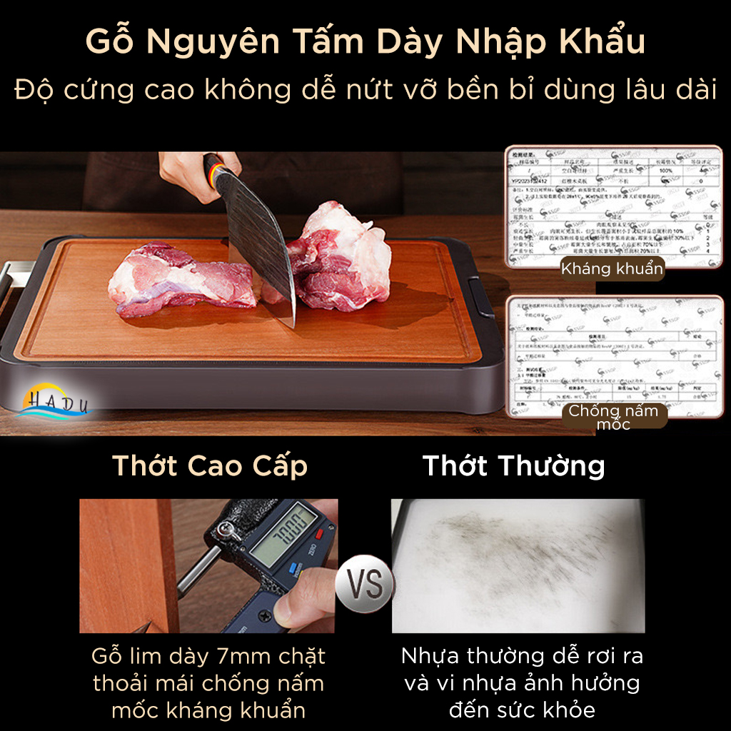 Thớt 2 Mặt SSGP Inox 316 và Gỗ Lim Kháng Khuẩn, 29x41x3cm, 32x45x3cm Đạt Chất Lượng LFGB Đức